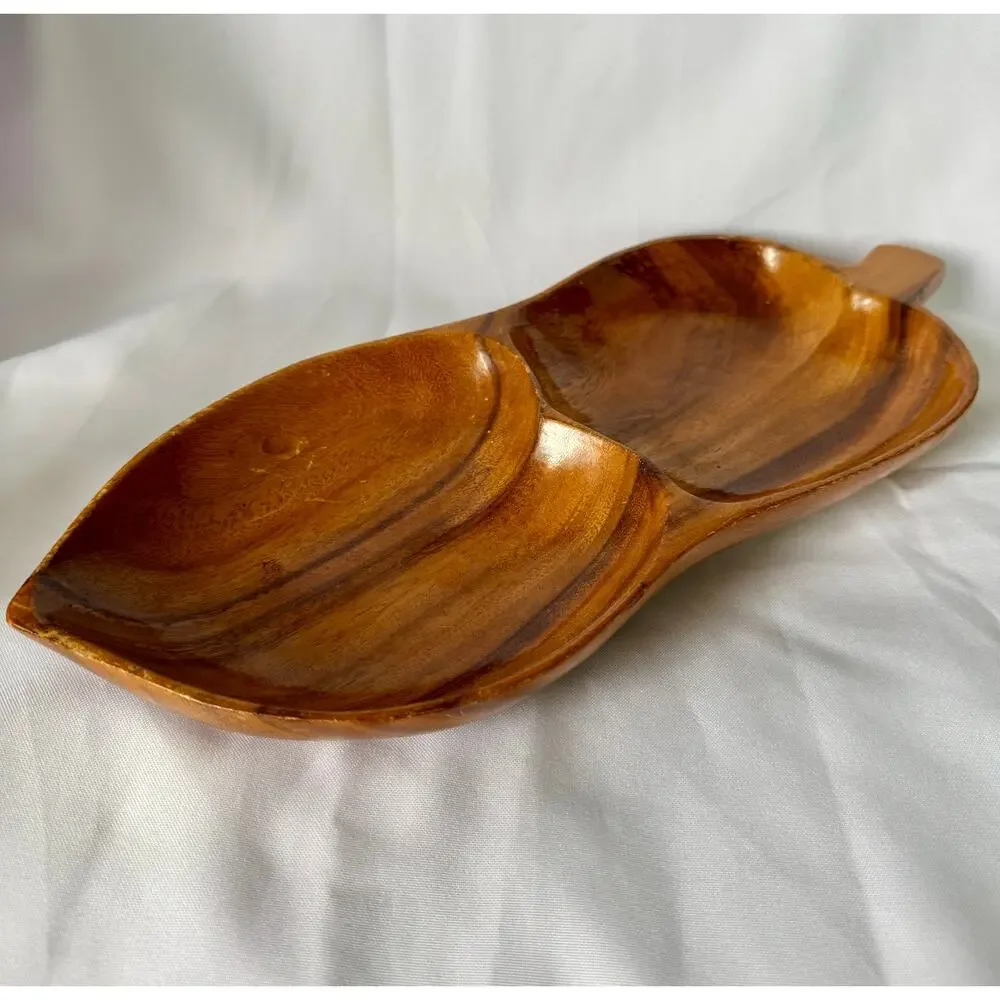 Vintage Acacia Wood Leaf Divided Serving Tray 2 Section Snack Bowl Boho Decor